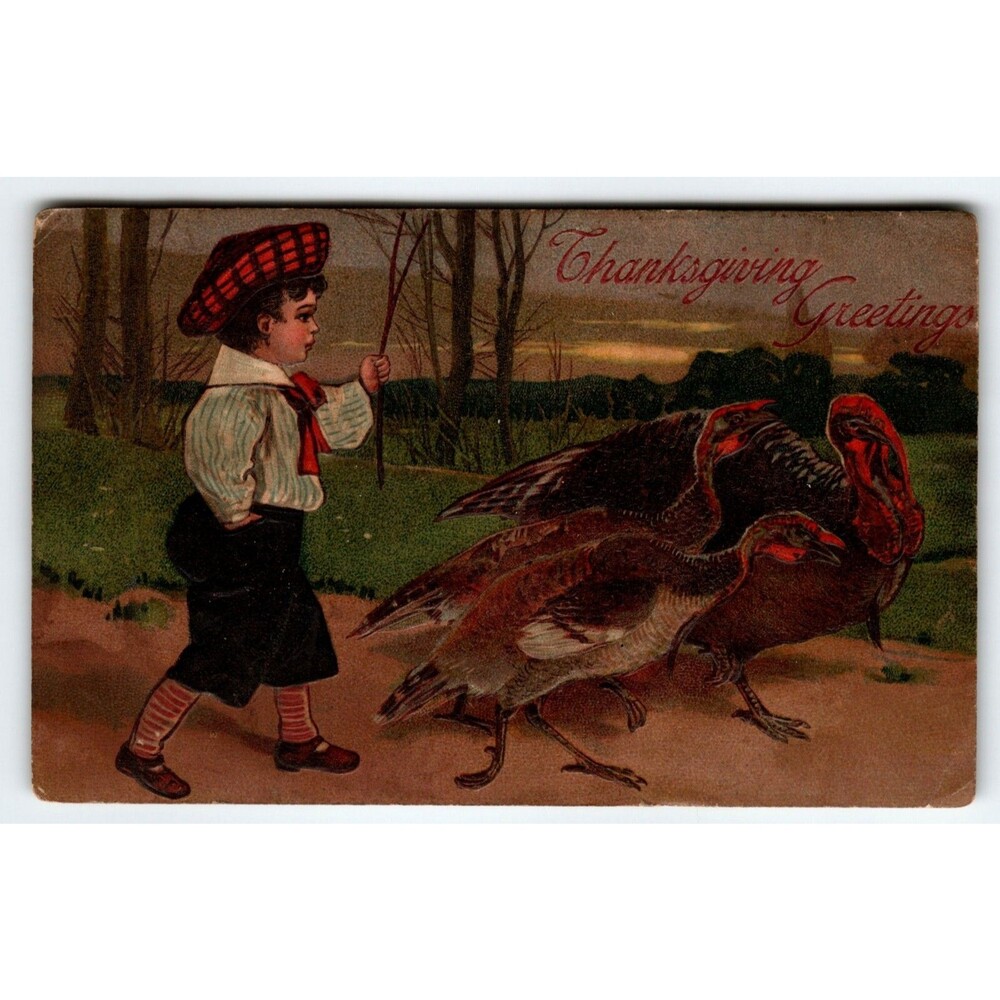 Thanksgiving Postcard Victorian Child Wild Turkeys Embossed Germany PFB 8429